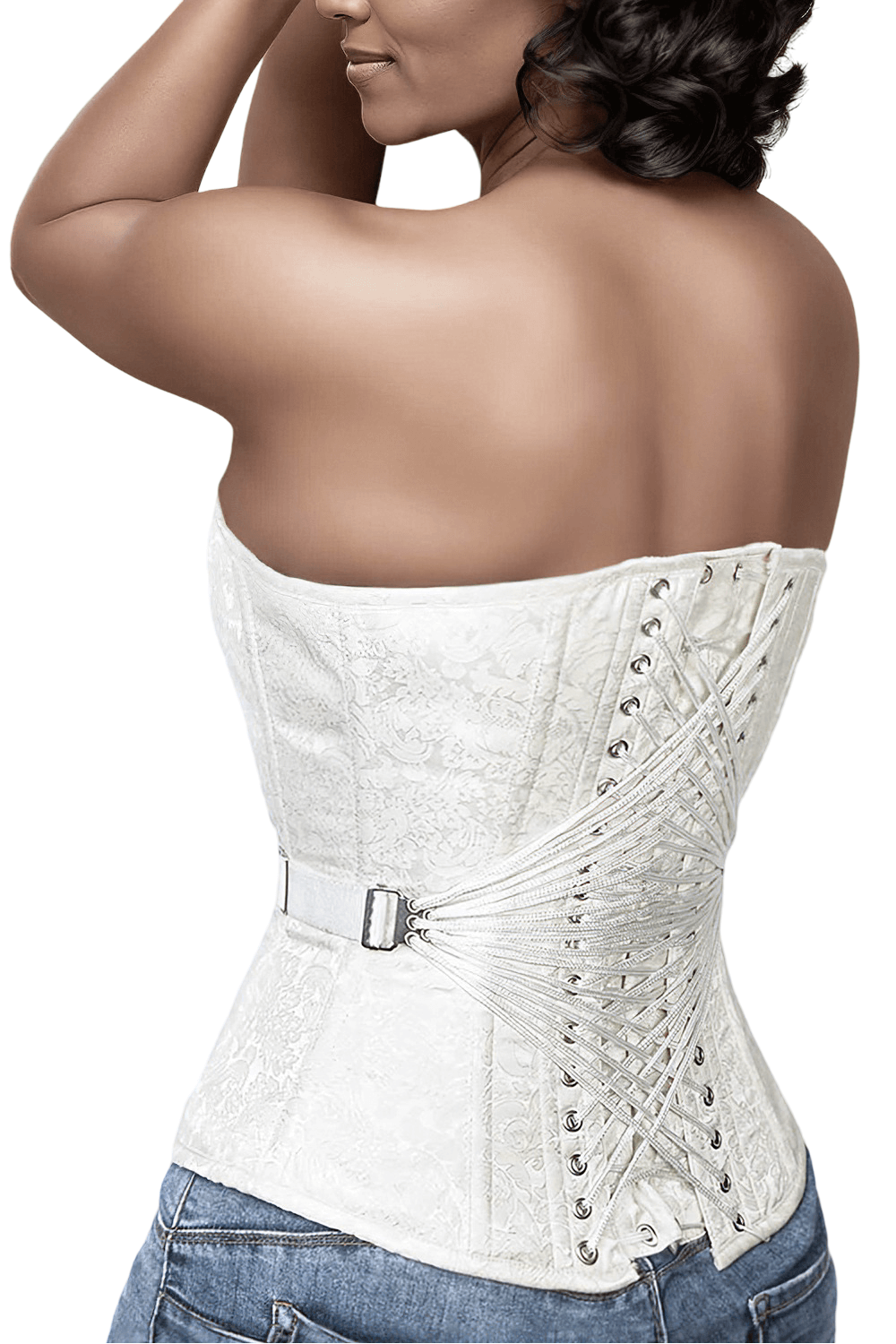 Elegant ivory overbust brocade corset with fan lacing for special occasions, showcasing a stunning back design.