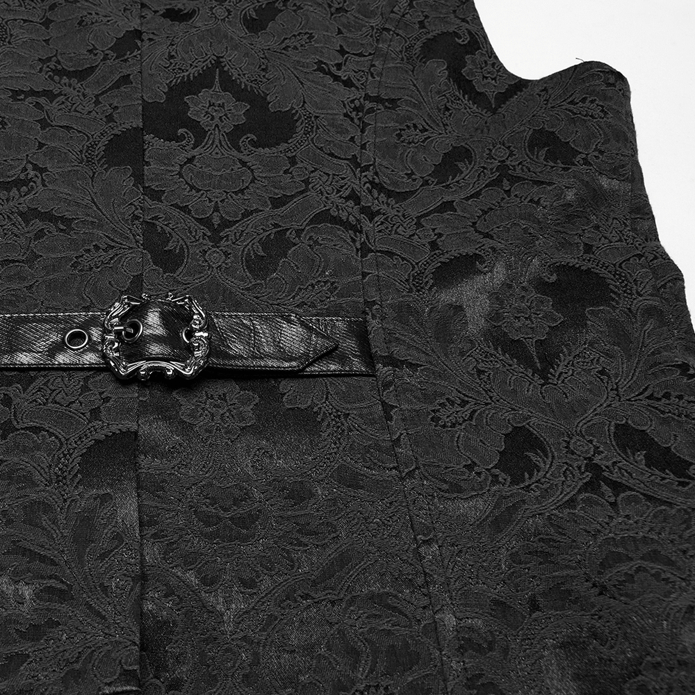 Elegant gothic jacquard waistcoat featuring a leather belt and ornate buckle detail.