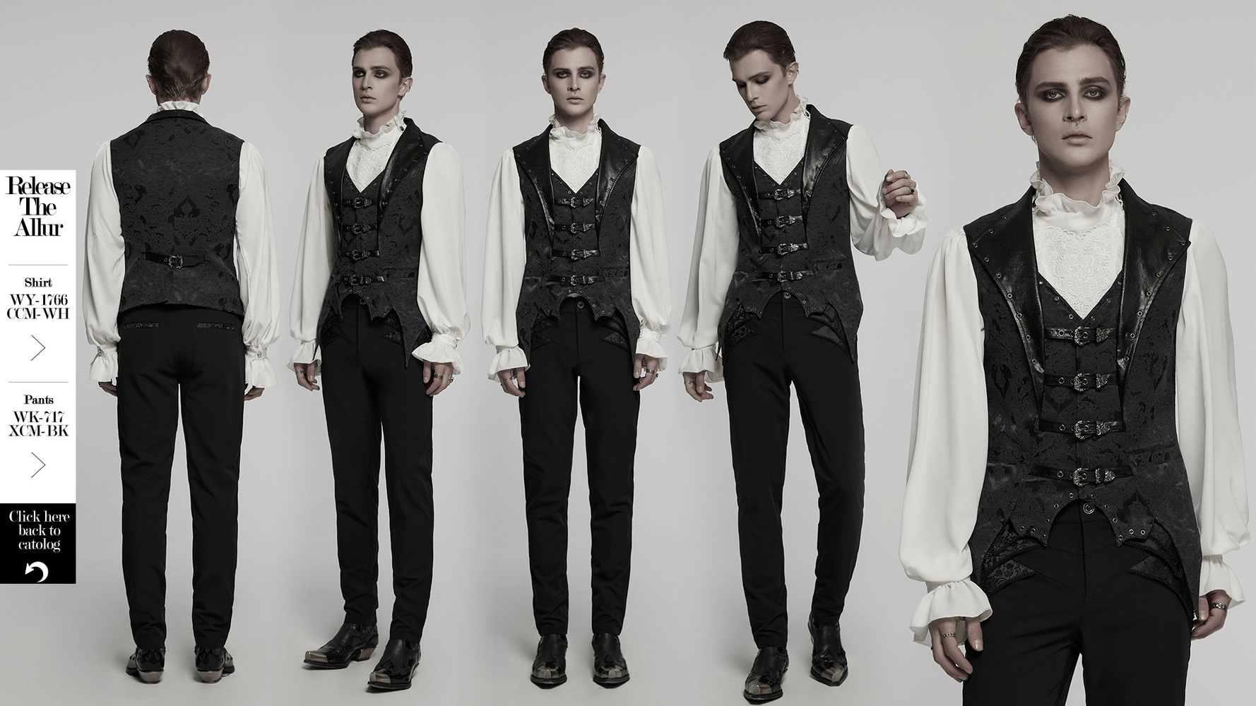Elegant gothic jacquard waistcoat with buckles and bat hem, styled for a steampunk look.