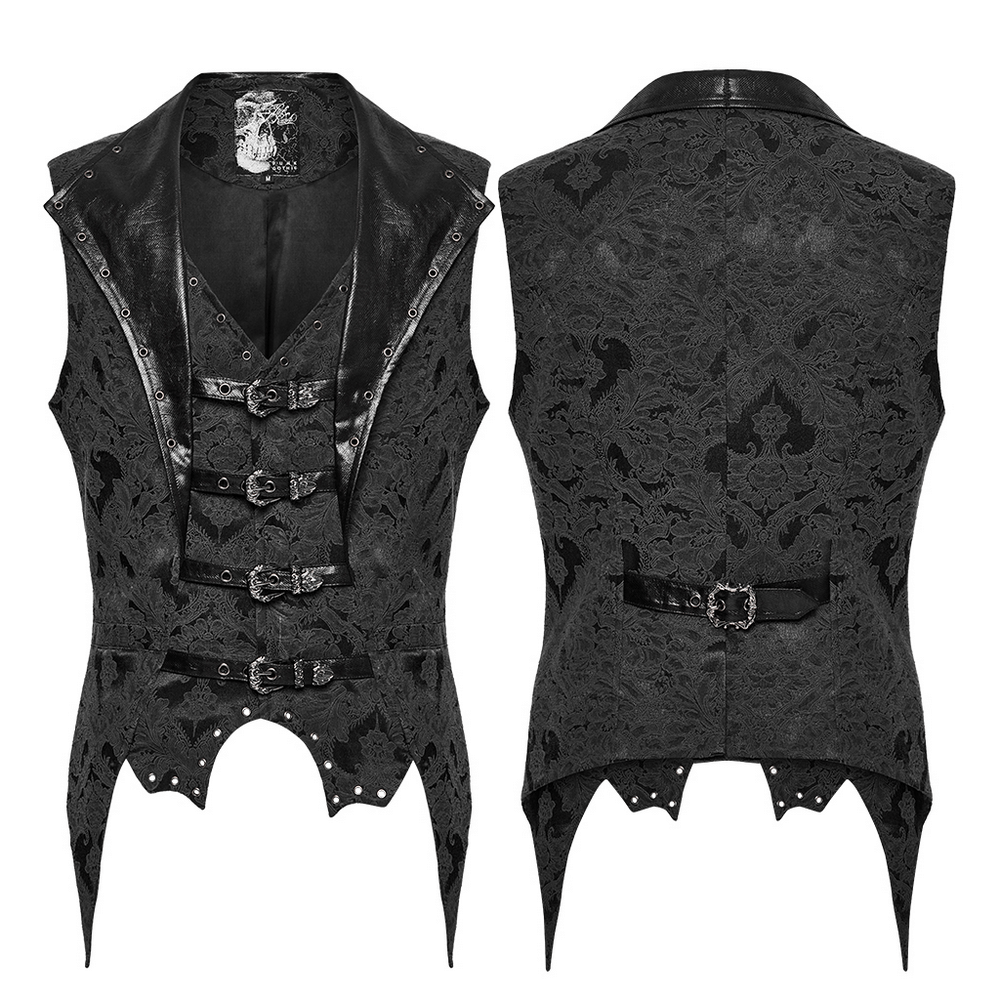 Elegant Gothic Jacquard Waistcoat featuring Leather Buckles and Bat Hem Design.