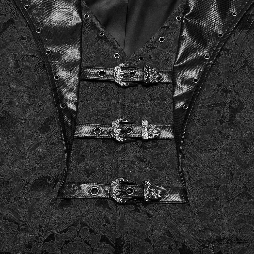 Elegant gothic jacquard waistcoat featuring detailed buckles and eyelet lapel design.
