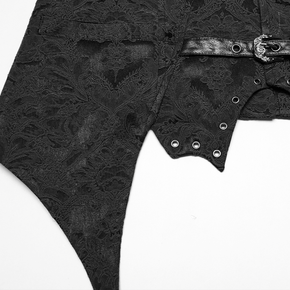 Elegant black jacquard waistcoat with bat hem, leather accents, and stylish buckles for gothic attire.