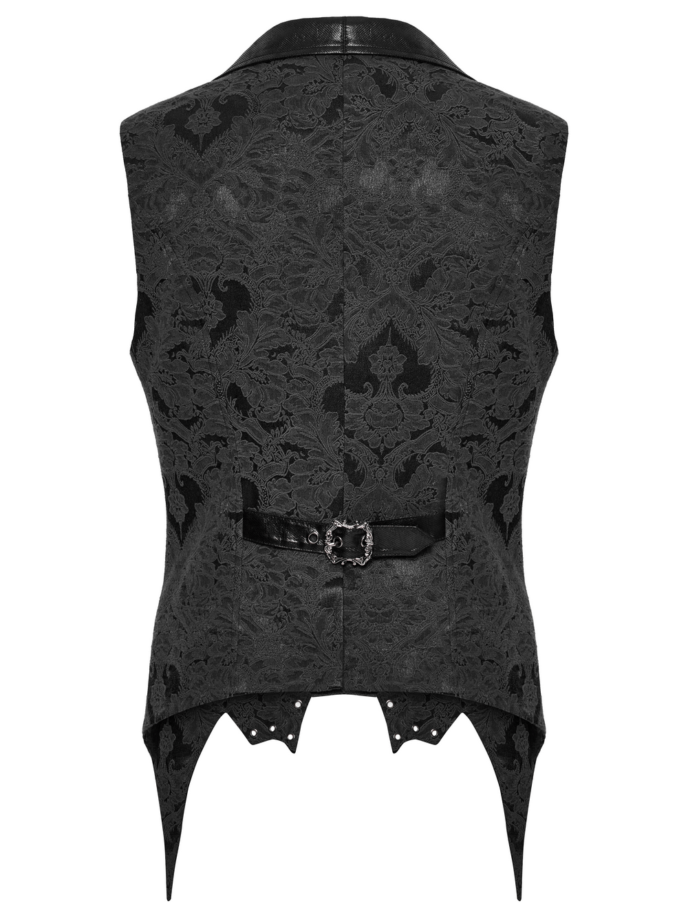 Back view of an elegant gothic jacquard waistcoat with leather buckles and a bat hem design.