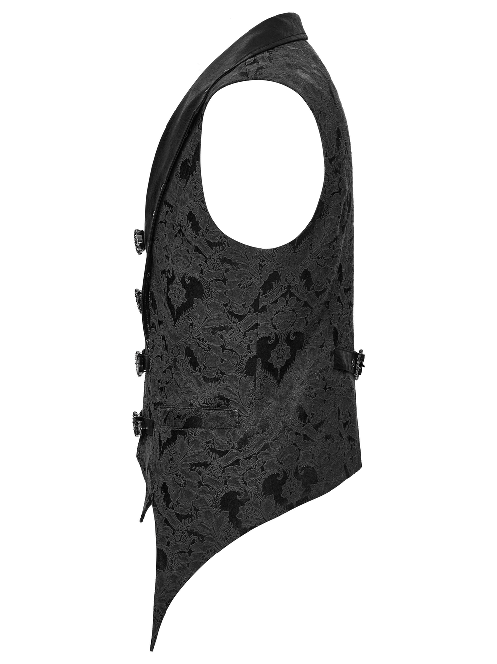 Side view of elegant gothic jacquard waistcoat with buckles and bat hem design, perfect for steampunk style.