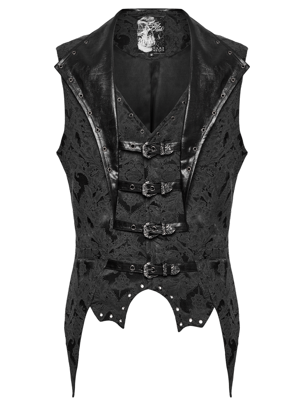 Elegant gothic jacquard waistcoat with buckles and bat hem design, perfect for steampunk and dark fashion.