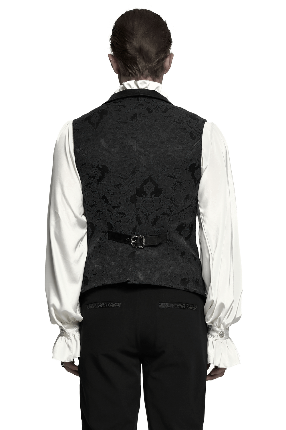 Back view of Gothic Jacquard Waistcoat with buckles and bat hem, styled with a ruffled white shirt.