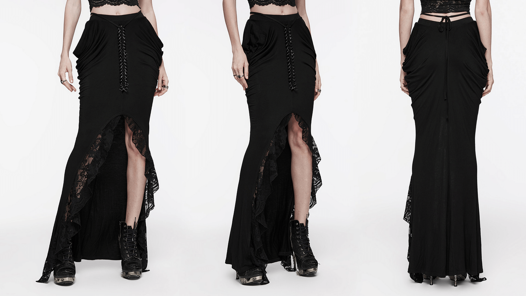 Elegant gothic skirt featuring lace and iron chain accents, with hip side pleats for a stylish, edgy look.