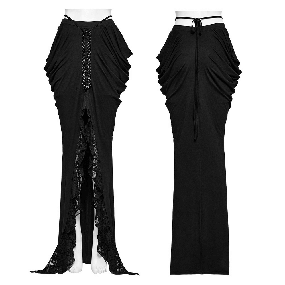 Elegant black gothic skirt with pleats and lace detail, featuring a striking lace-up front and flowing design.