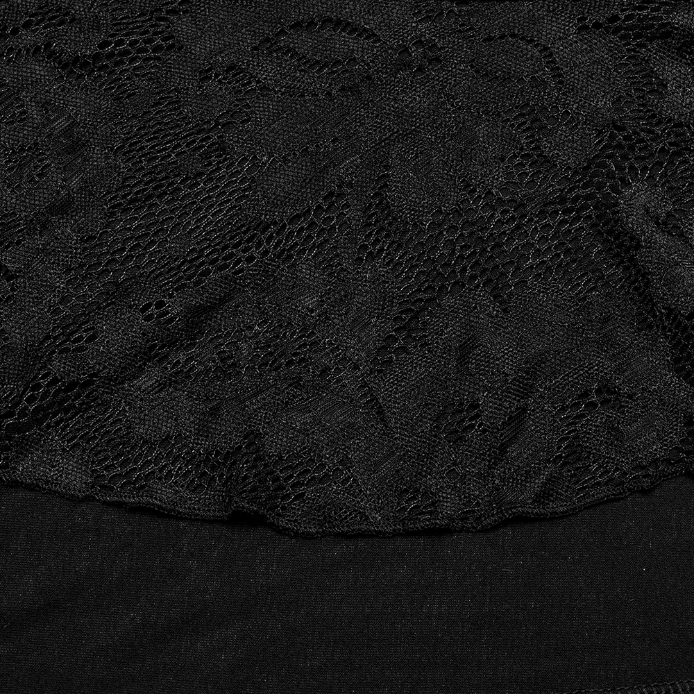 Close-up of elegant black lace fabric with intricate floral patterns, showcasing gothic design elements.
