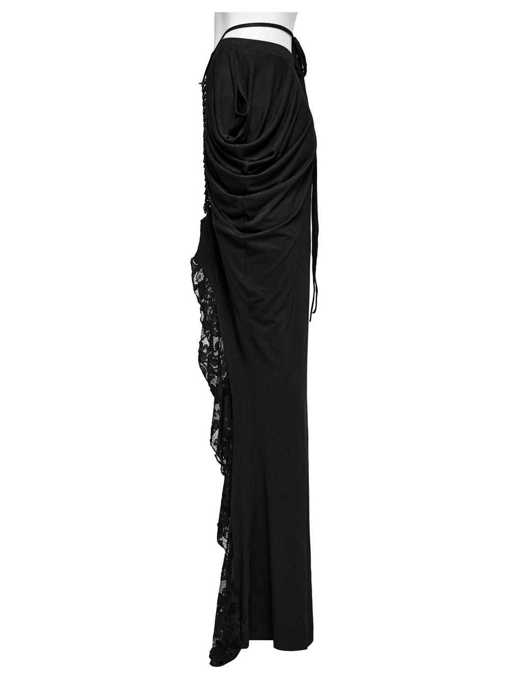 Elegant gothic half skirt featuring lace detailing, pleats, and iron chains for a bold, versatile style.