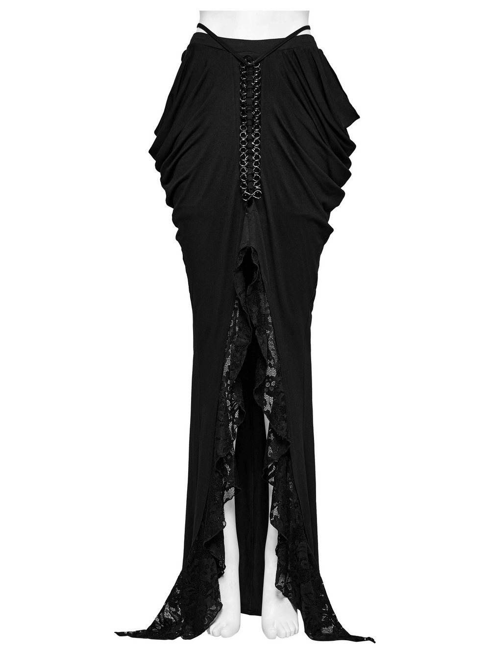 Elegant gothic skirt with lace and iron chain detail, featuring hip side pleats for a bold, stylish look.