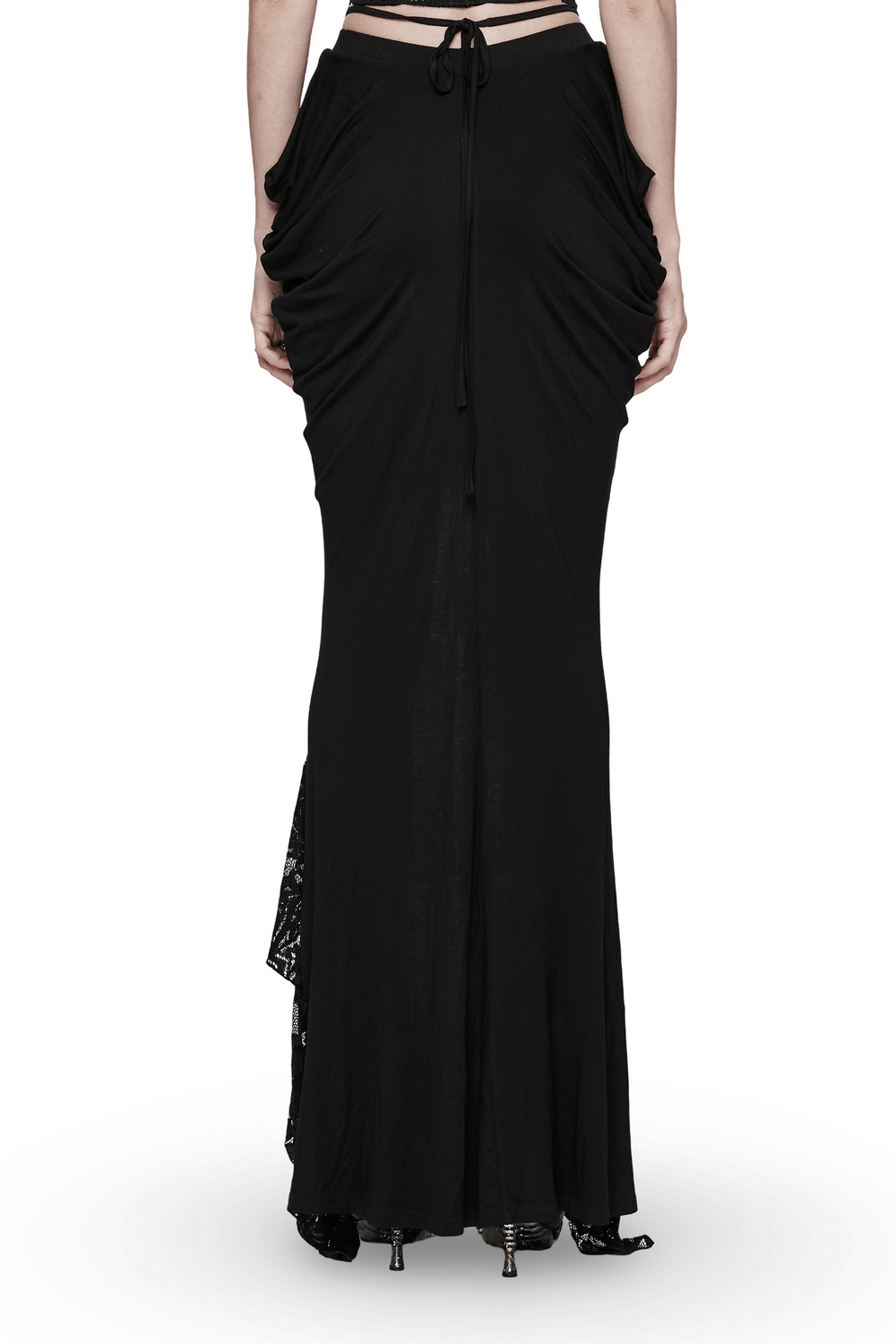 Back view of an elegant black gothic skirt with pleats and lace detailing, perfect for a stylish statement.