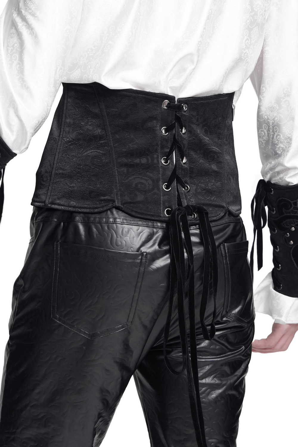 Chic black corset belt with lace-up back detail, paired with glossy black pants for a sleek gothic look.