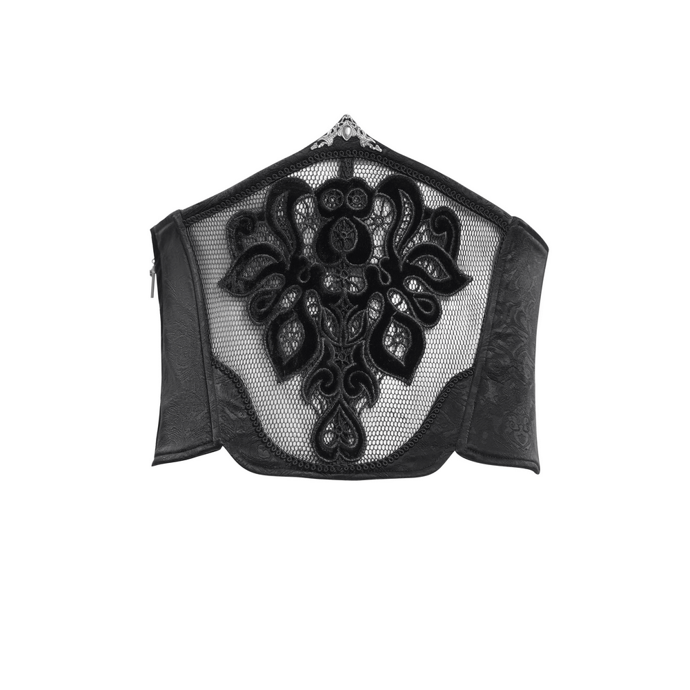 Elegant black lace and mesh corset belt with floral embroidery and gothic design, featuring a secure zipper closure.