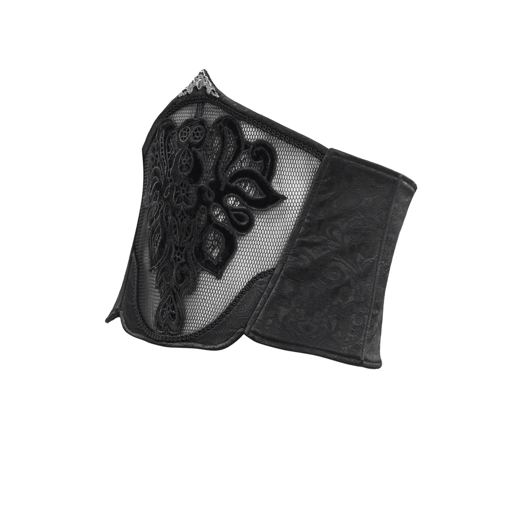 Elegant black lace and mesh corset belt with floral embroidery, perfect for chic gothic fashion and waist cinching.