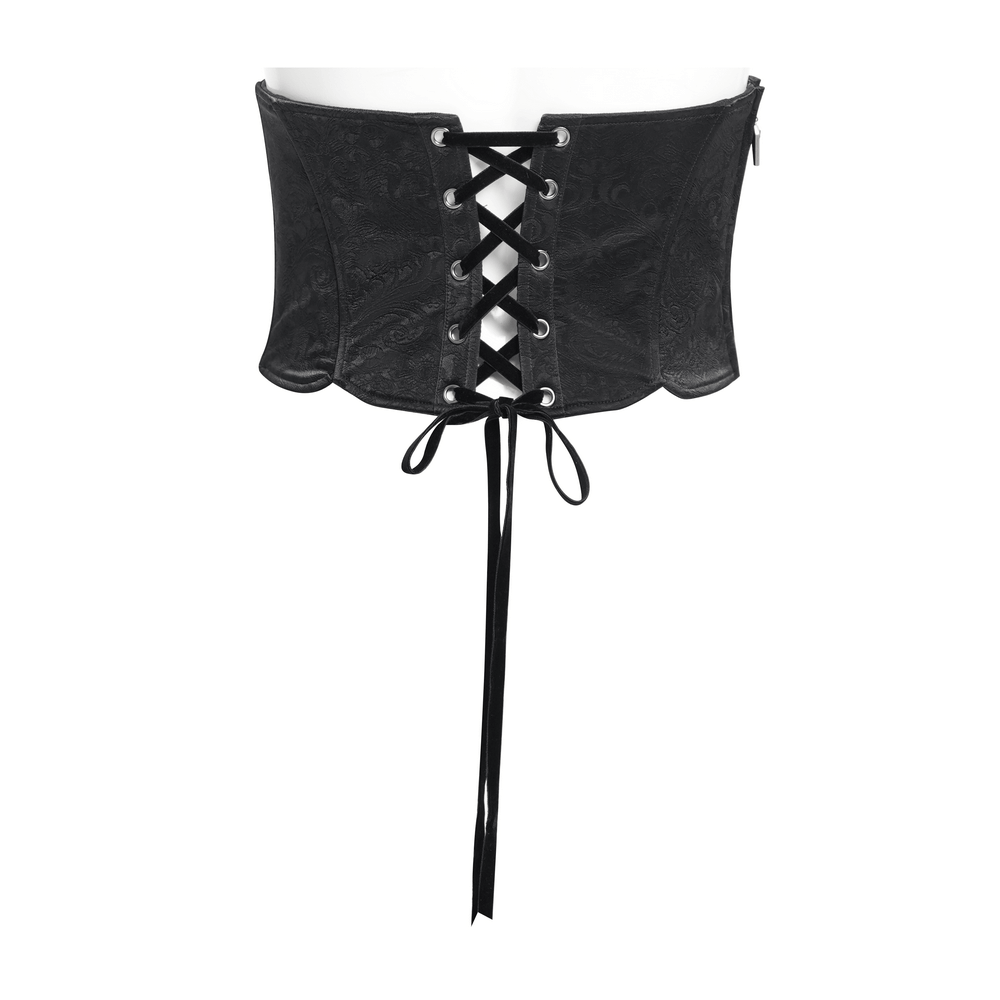 Elegant black lace and mesh corset belt with floral design and intricate lace-up detail for a chic gothic look.