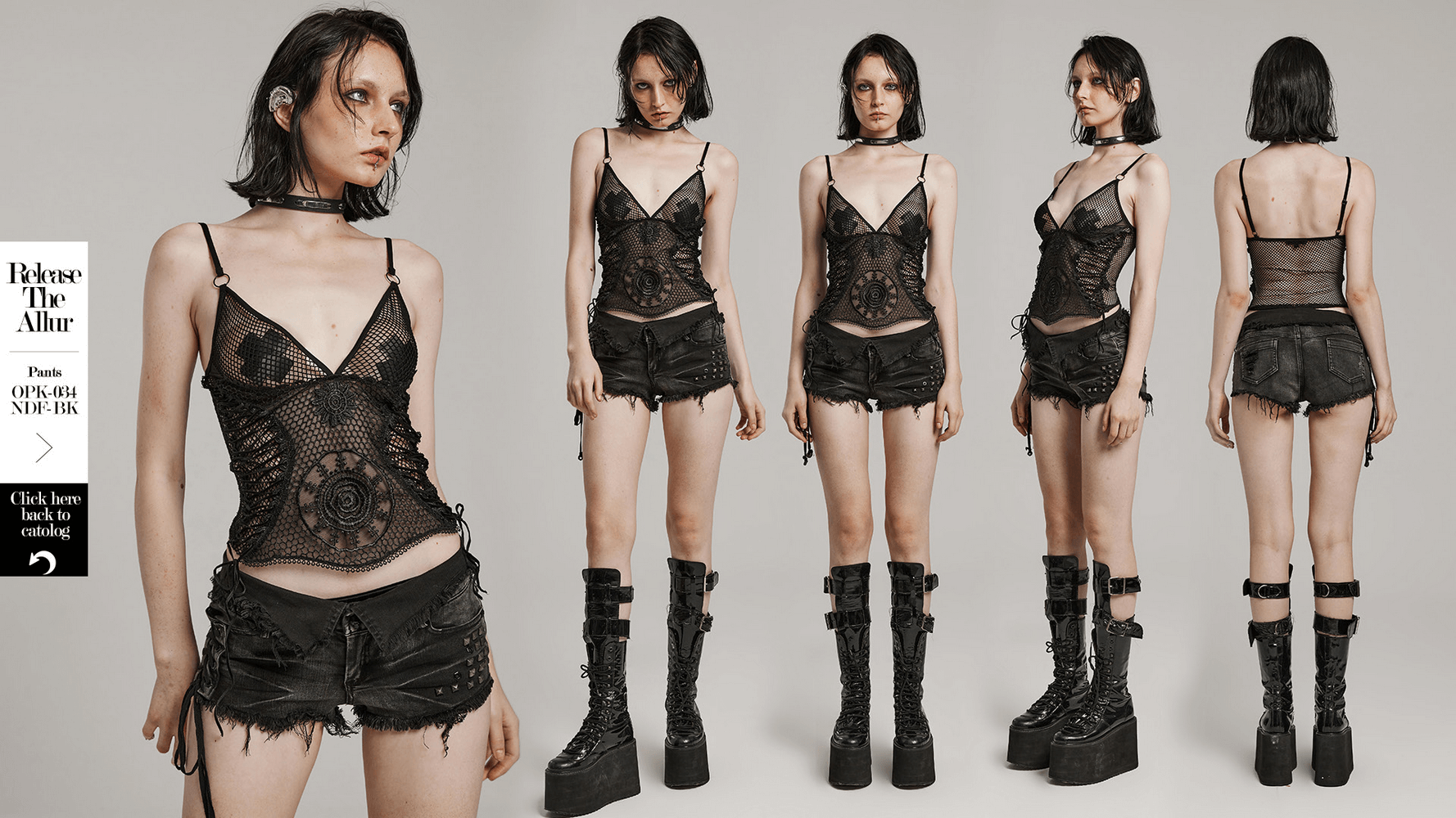 Chic goth-inspired lace mesh top with sunflower embroidery, styled with edgy shorts and platform boots.