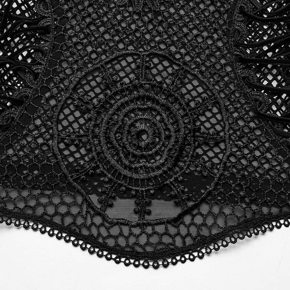 Elegant black lace mesh fabric with intricate embroidered sunflower design, perfect for a stylish goth outfit.