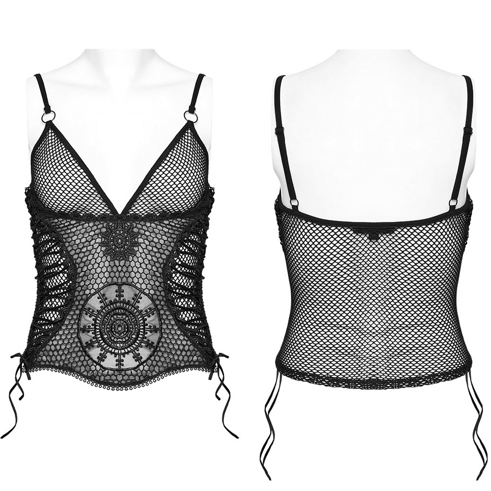 Elegant black lace mesh cami top featuring sunflower embroidery and adjustable drawstrings for a customized fit.