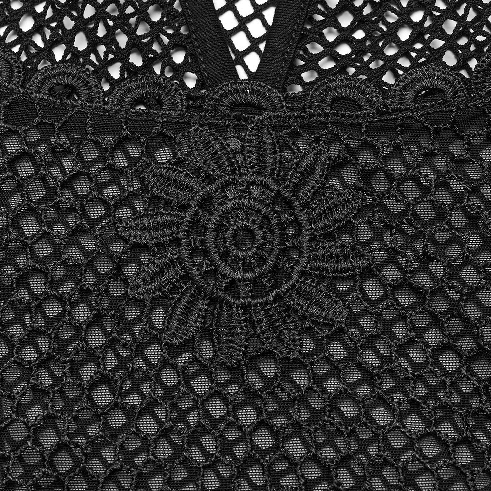 Black lace mesh detail with sunflower embroidery, showcasing elegance and stylish goth aesthetic.