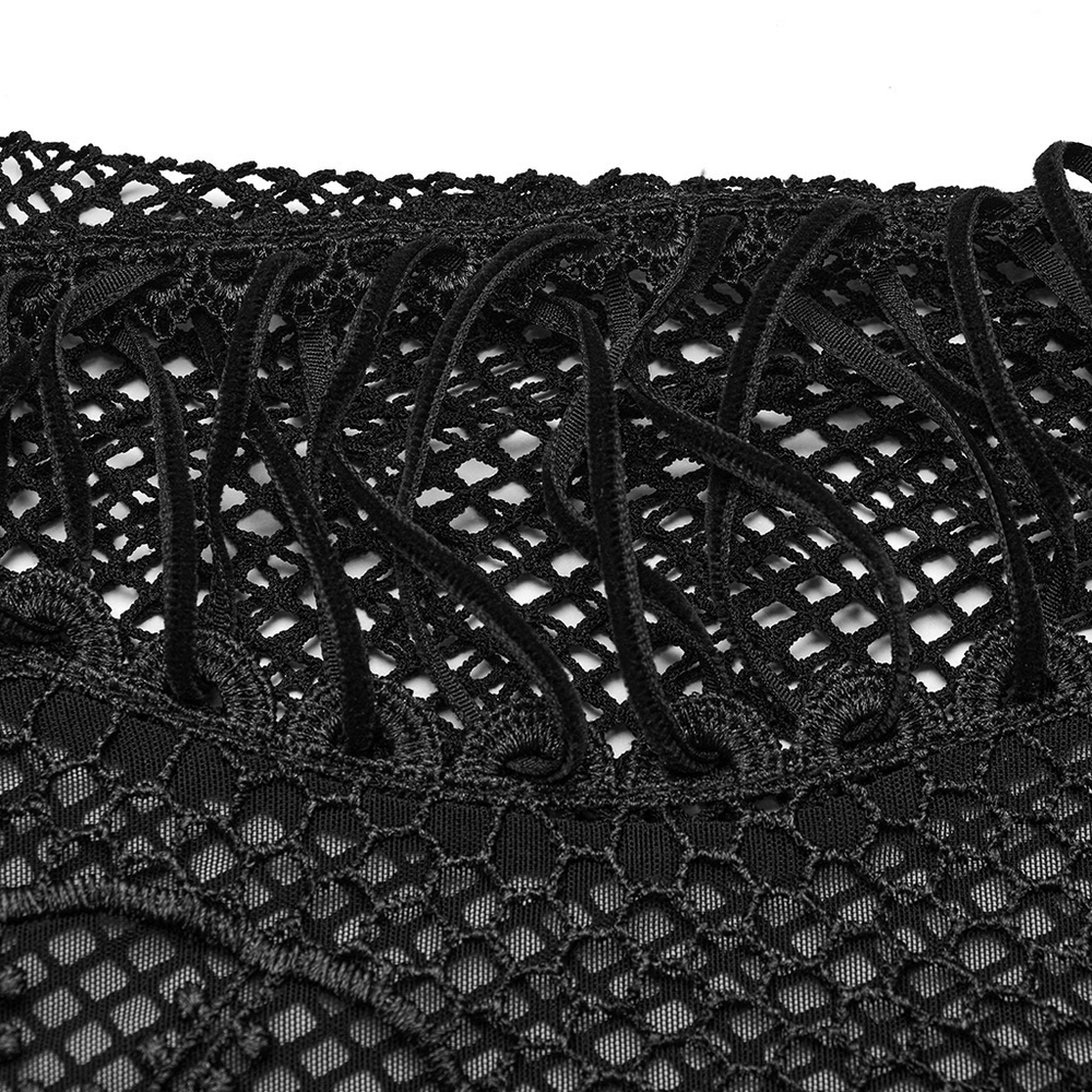 Close-up of elegant black lace mesh detailing with drawstrings for a stylish goth perspective top.