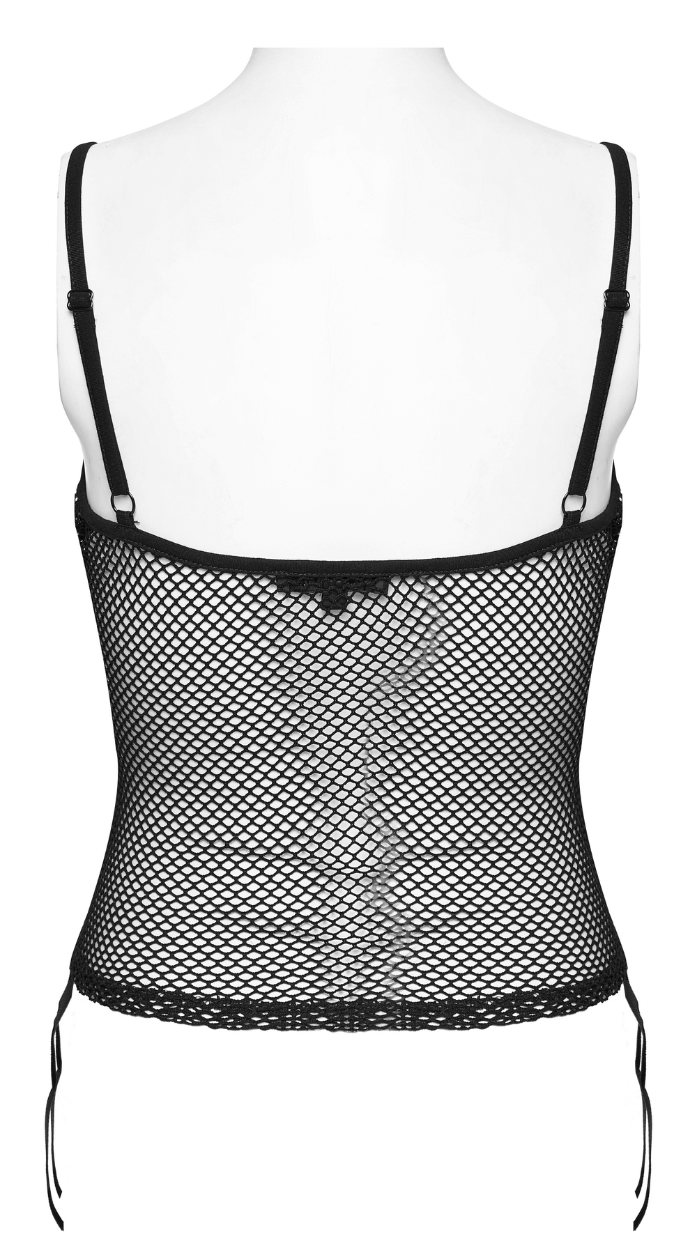 Back view of a stylish black lace mesh cami top with adjustable straps and drawstring detailing.