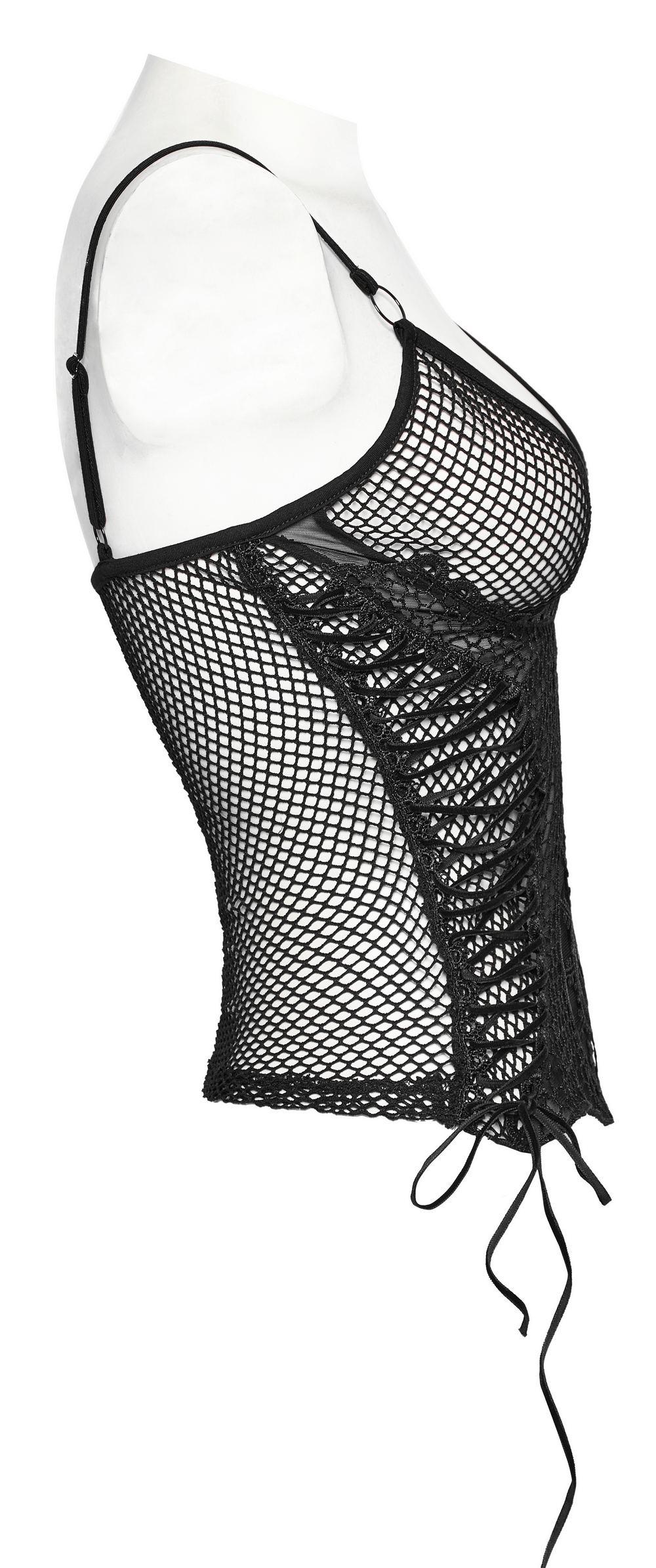 Elegant black lace mesh cami with adjustable straps and drawstrings, showcasing a stylish goth aesthetic.