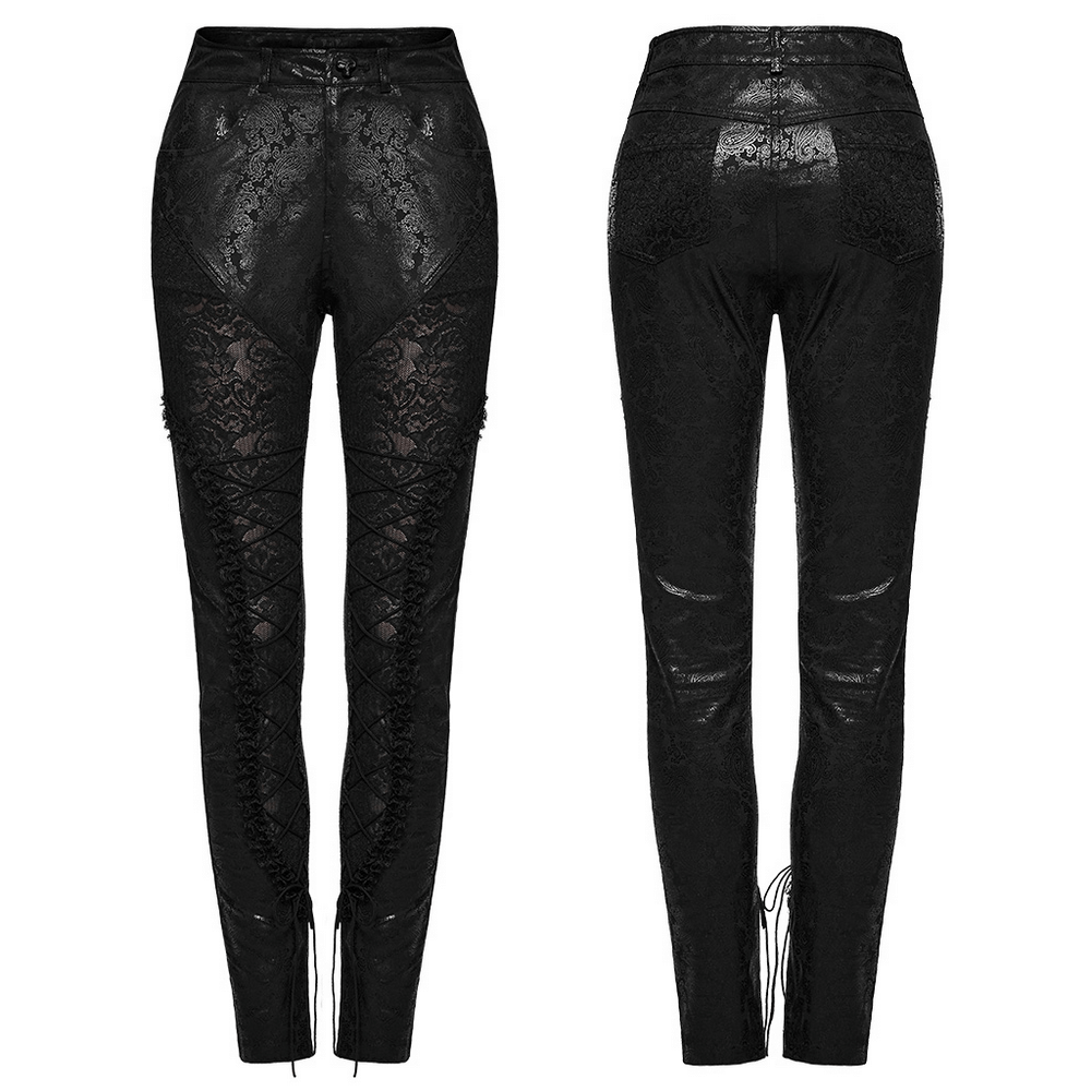 Elegant Lace and Patterned Black Leggings With Lace-Up
