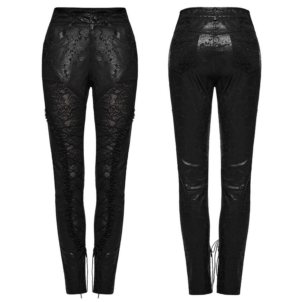 Elegant black leggings with lace and shimmering design; features lace-up front and intricate craftsmanship.