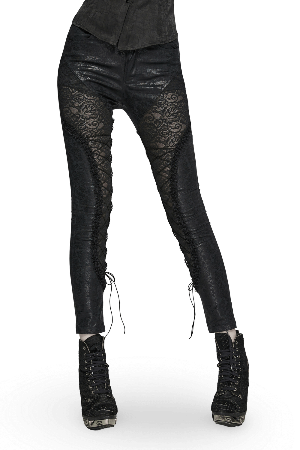 Elegant black leggings featuring intricate lace details and a stylish lace-up design for a gothic flair.