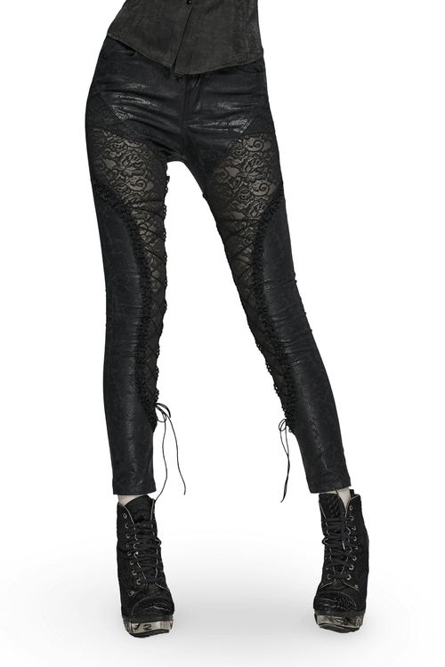 Leggings negros elegantes de encaje y estampados con cordones