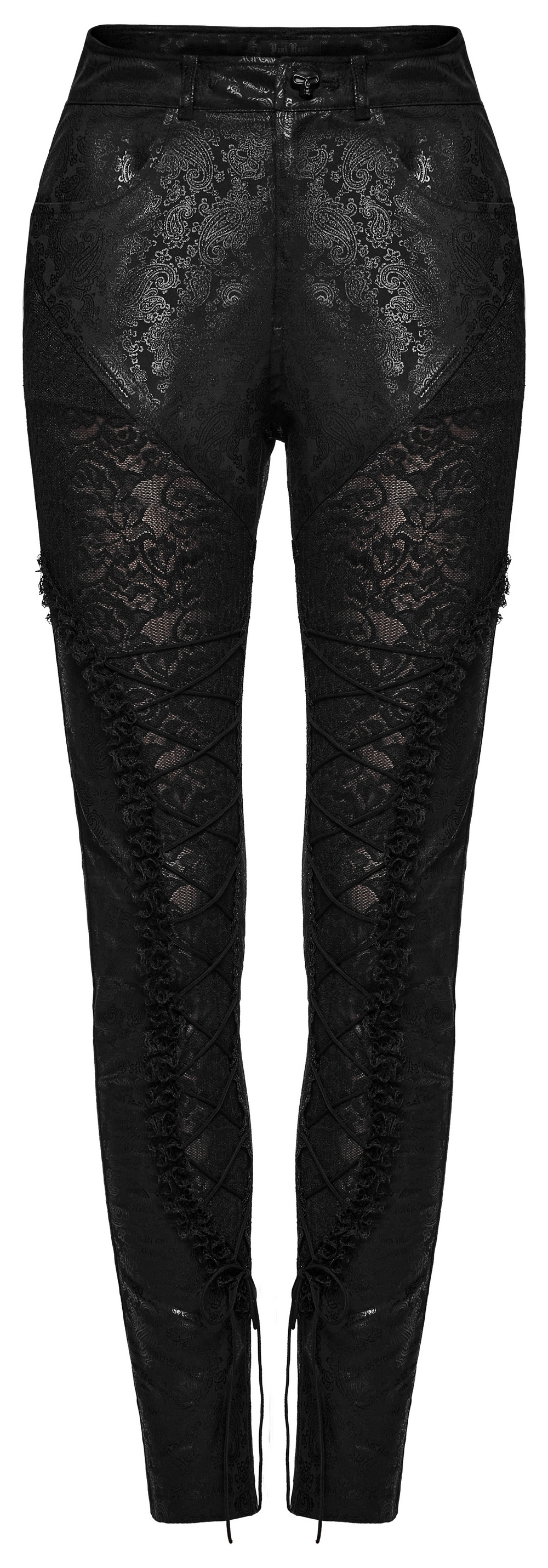 Elegant black leggings with intricate lace and shimmering pattern, featuring stylish lace-up details.