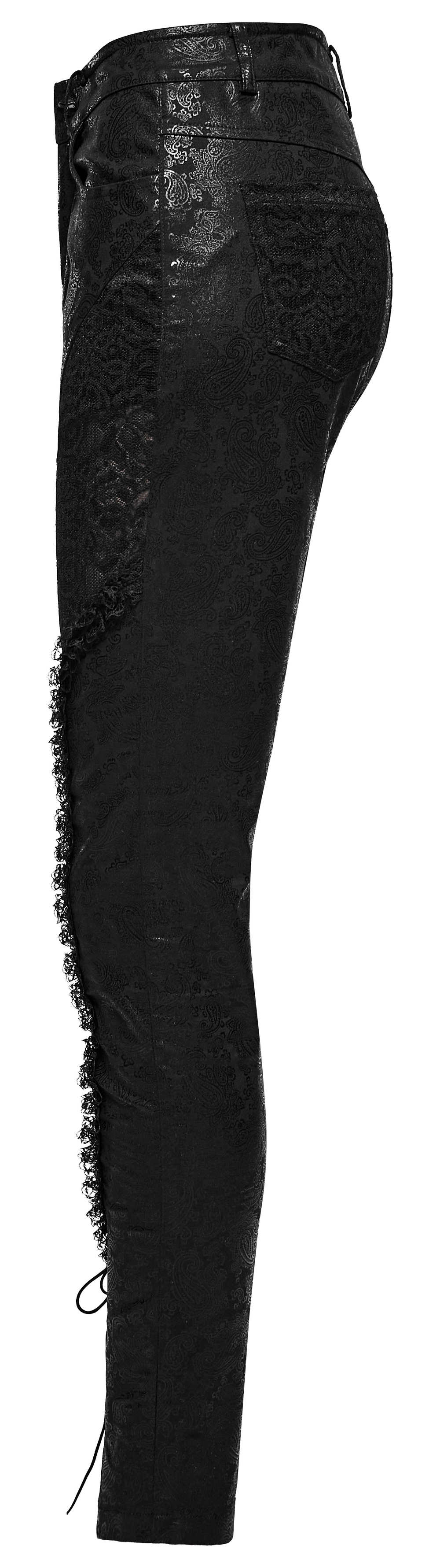 Elegant black leggings featuring intricate lace and shimmering design, showcasing stylish craftsmanship and goth allure.