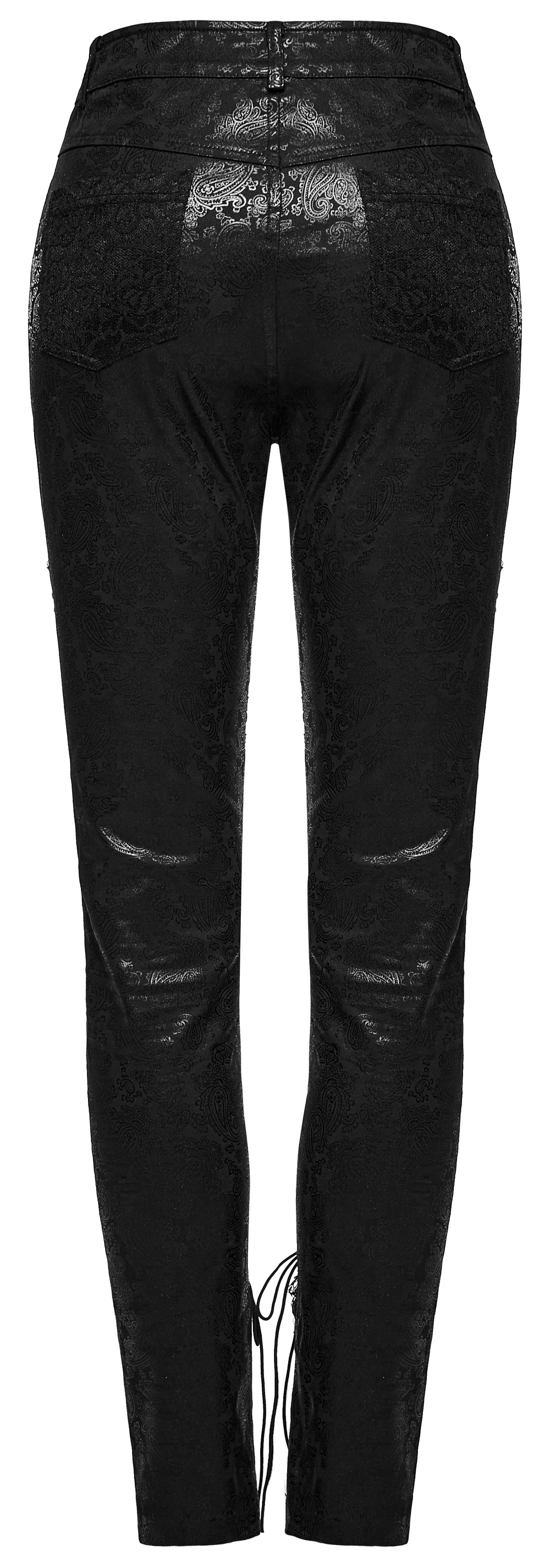 Elegant black leggings with lace-up detail and intricate lace pattern, showcasing goth-inspired design.