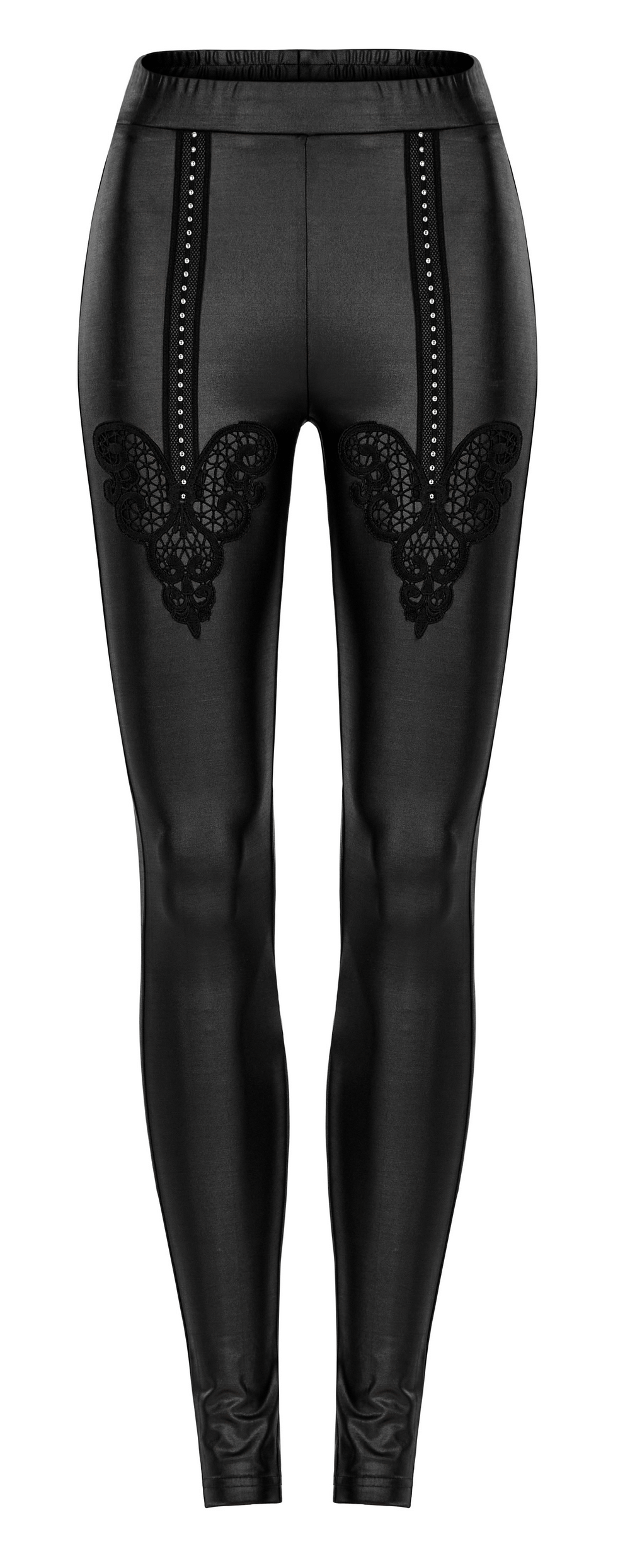 Elegant Lace Applique Black Faux Leather Leggings