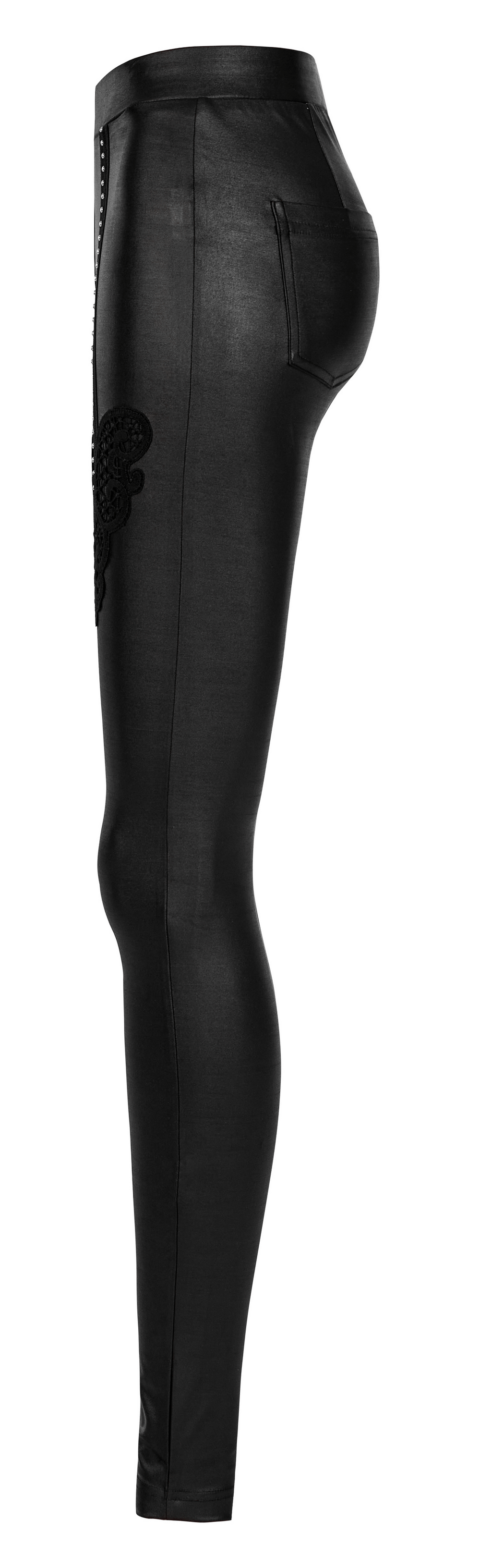 Elegant Lace Applique Black Faux Leather Leggings