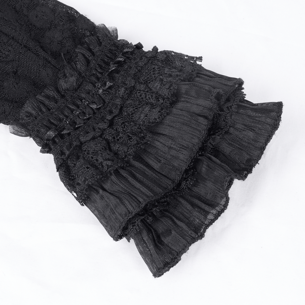 Elegant black lace arm warmers with satin ribbon lacing and ruffled edges, perfect for gothic and Victorian styles.