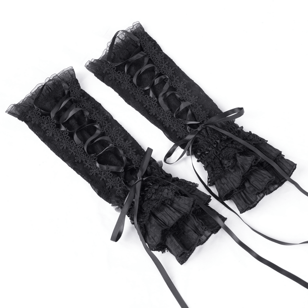 Elegant black lace arm warmers with satin ribbon lacing and ruffles for Gothic Victorian-inspired outfits.