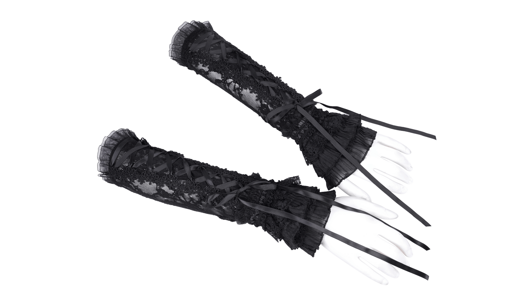 Elegant Gothic lace arm warmers with satin ribbon lacing and ruffles, perfect for Victorian-inspired outfits.