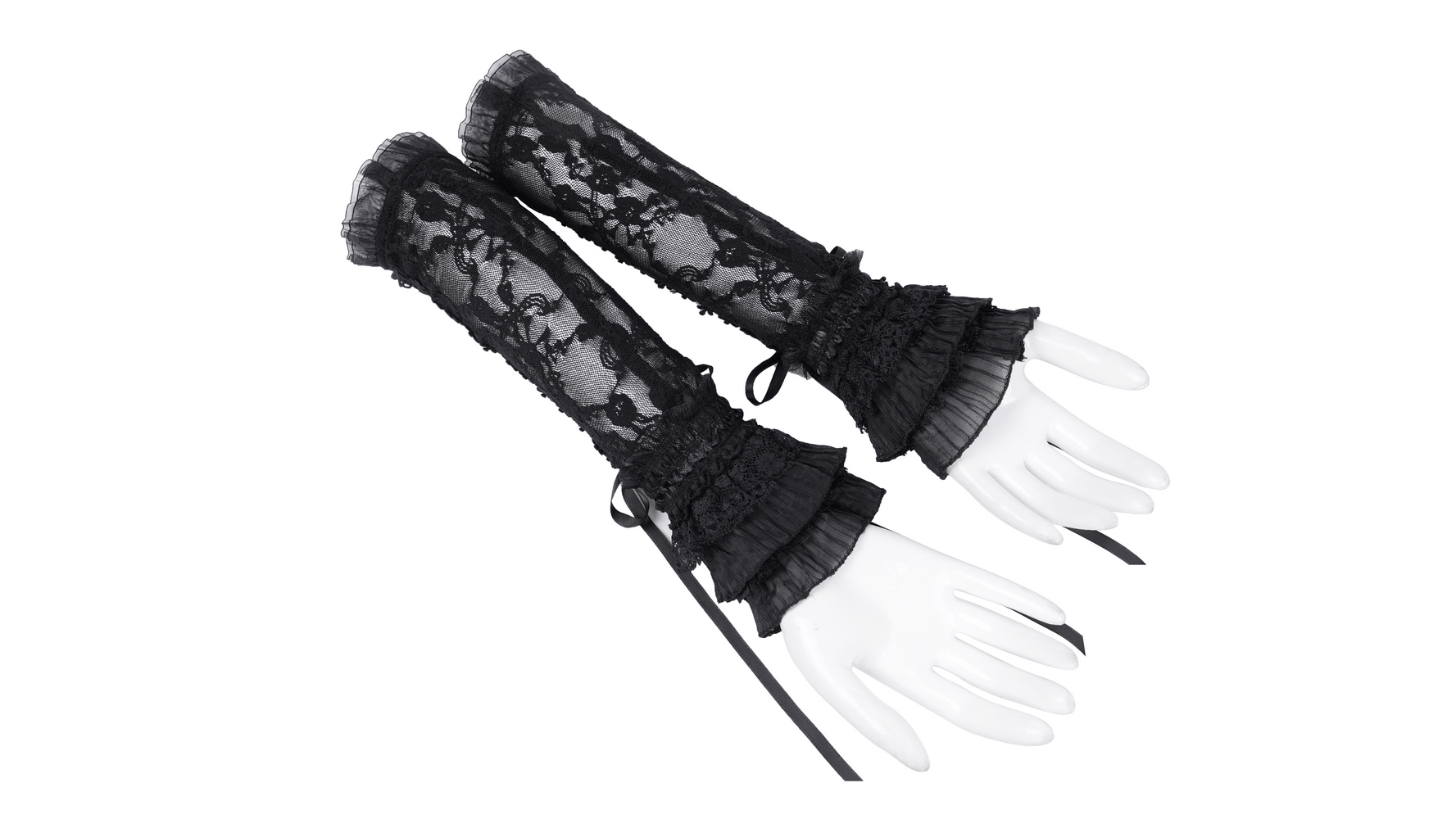 Elegant Lace Arm Warmers with Satin Ribbon and Ruffles