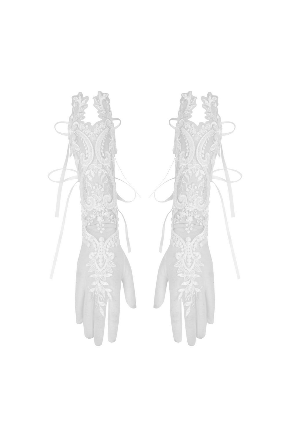 Elegant lace bridal gloves with stylish embroidery and floral detailing, perfect for weddings.