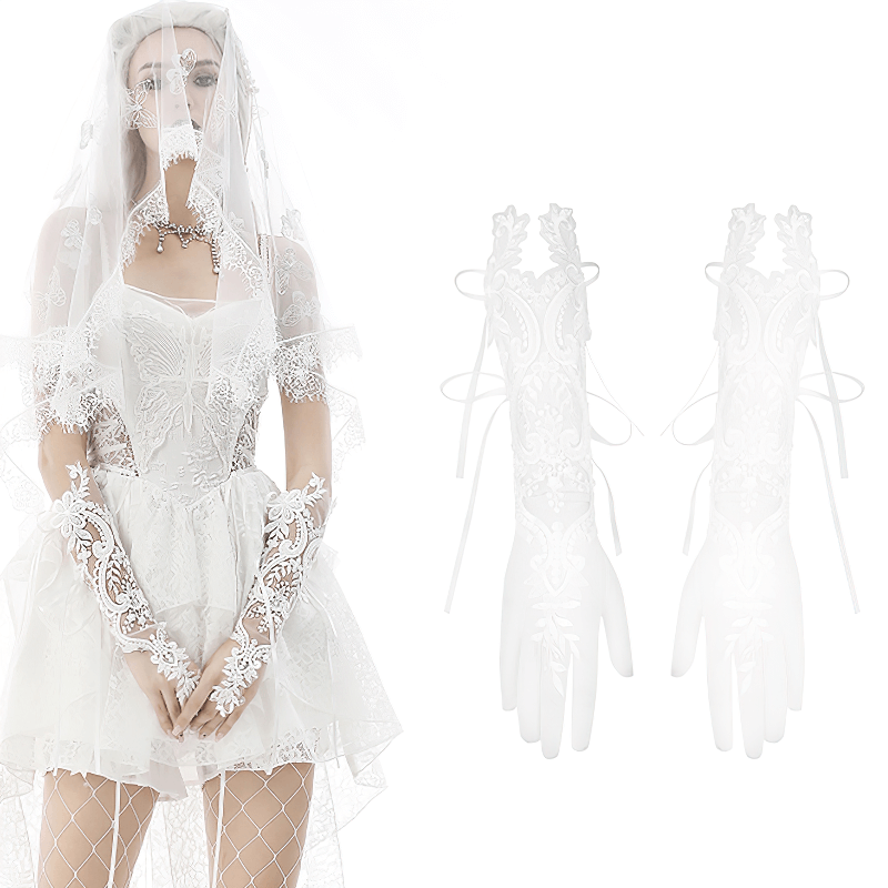 Elegant lace bridal gloves with floral embroidery, perfect for a chic wedding look.