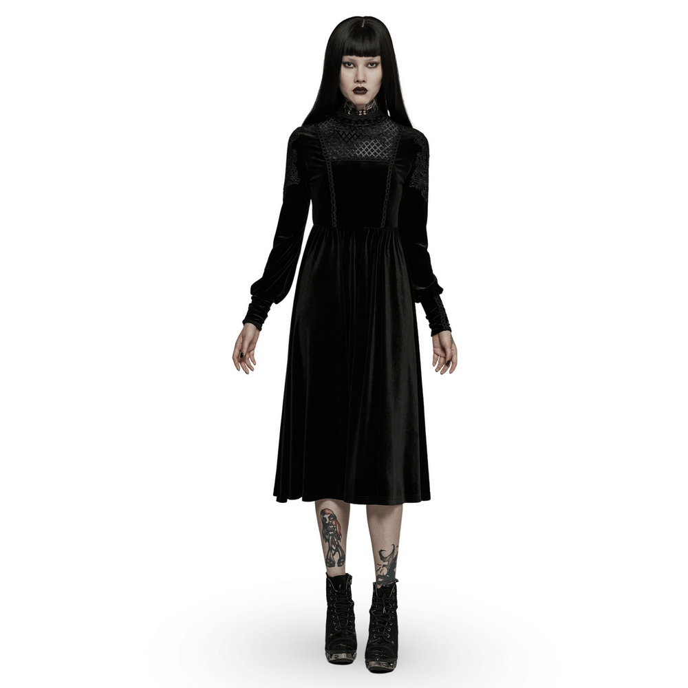 Elegant black velvet gothic dress with lace collar, featuring long sleeves and a flattering silhouette.