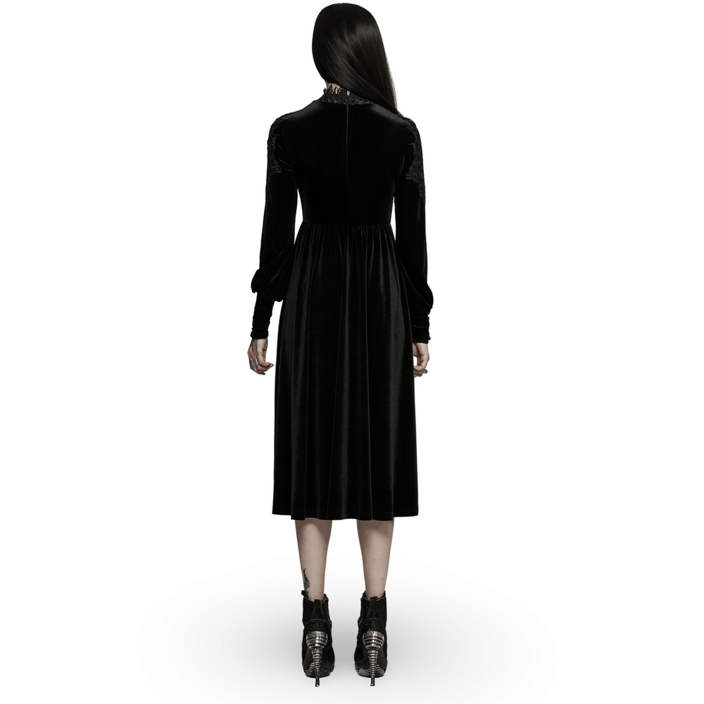 Back view of elegant lace-collar velvet gothic dress showcasing stylish appliques and luxurious fabric.