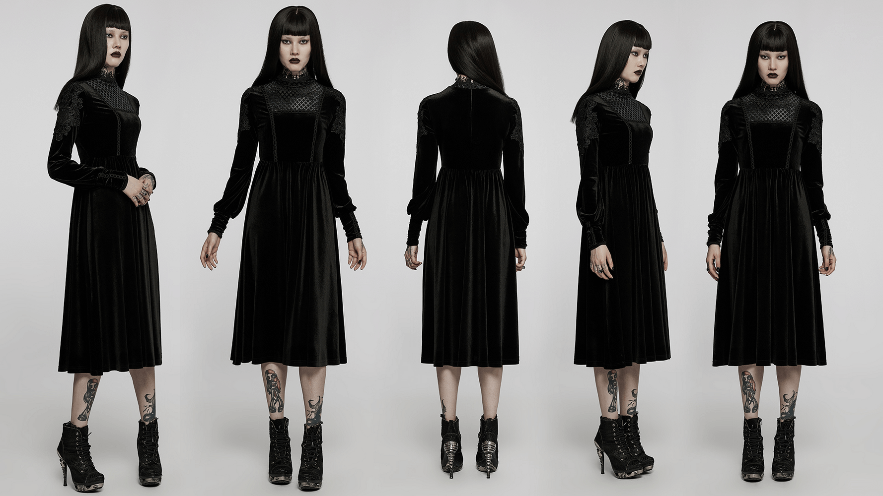 Elegant lace-collar velvet Gothic dress showcasing luxurious design and intricate lace details from multiple angles.