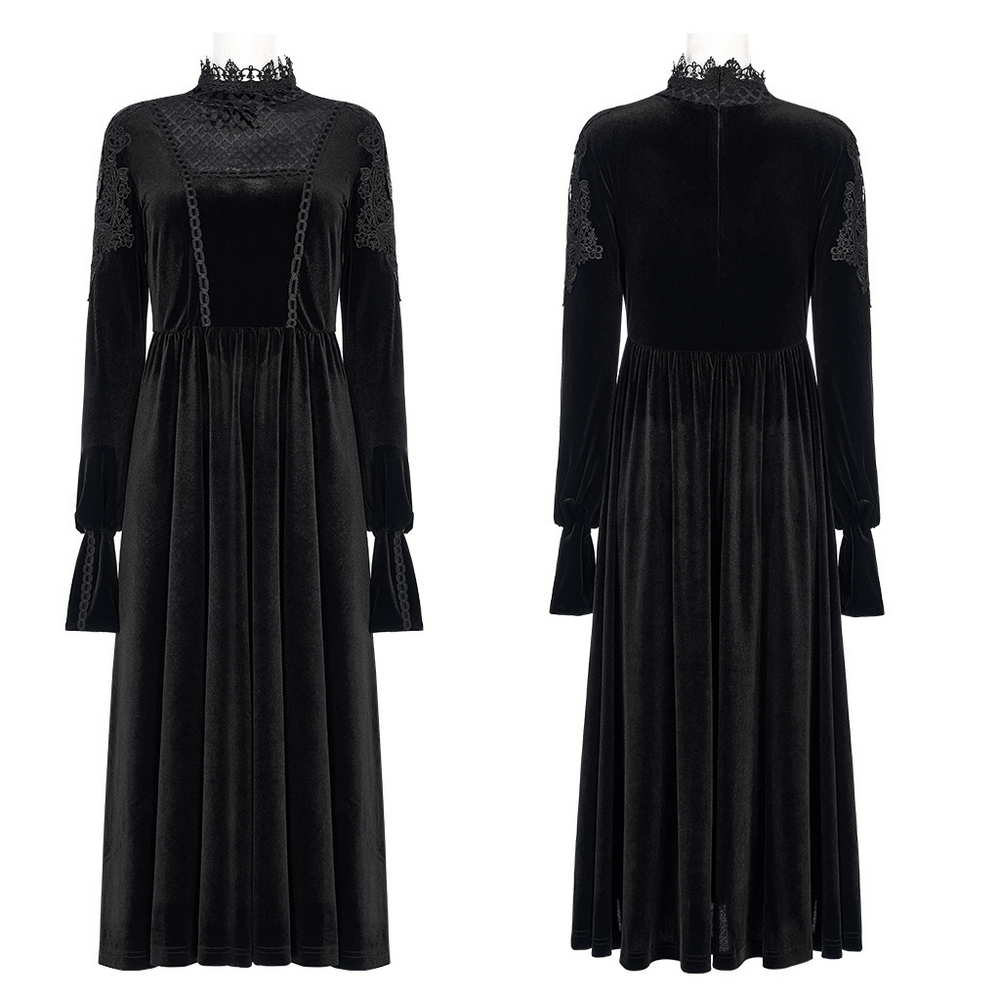 Elegant black velvet gothic dress with lace collar and long sleeves, featuring a luxurious fit and intricate detailing.