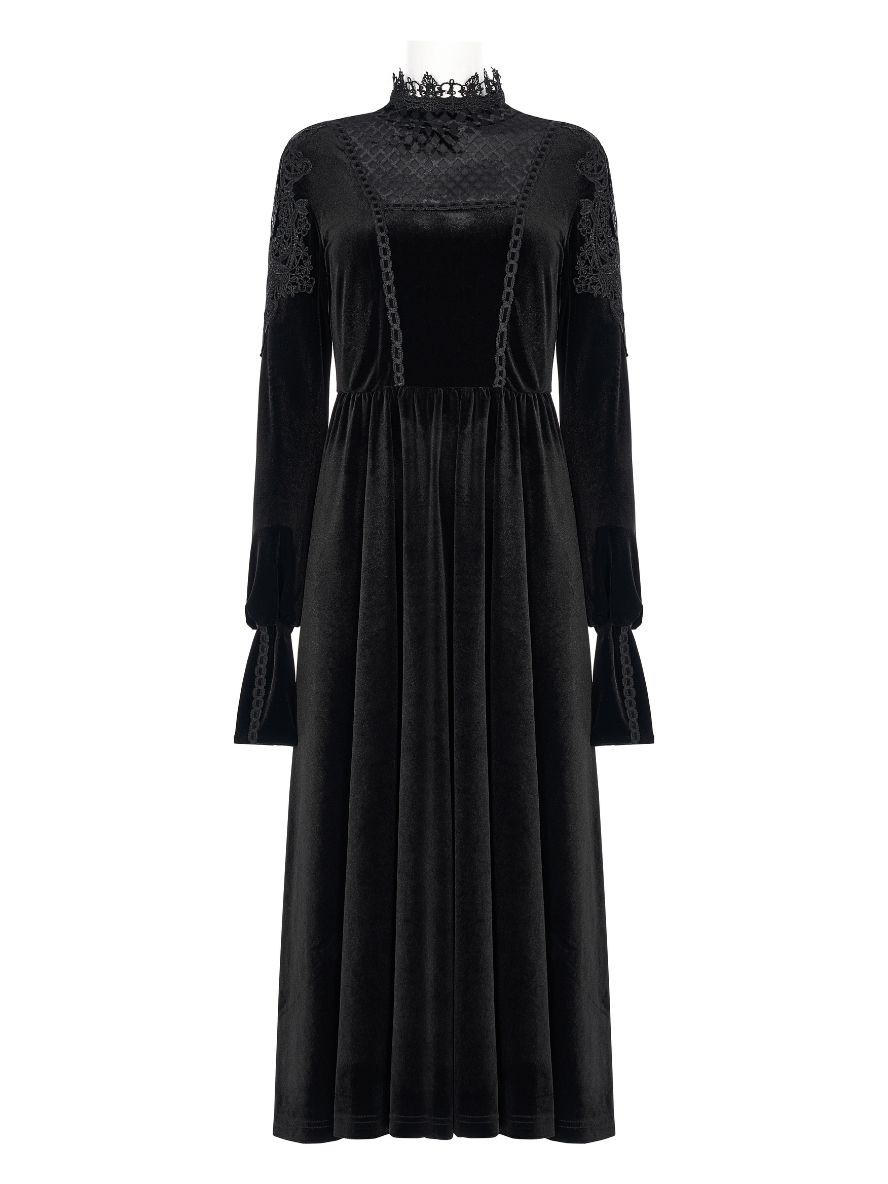 Elegant black velvet Gothic dress with lace collar and long sleeves showcasing intricate appliques.