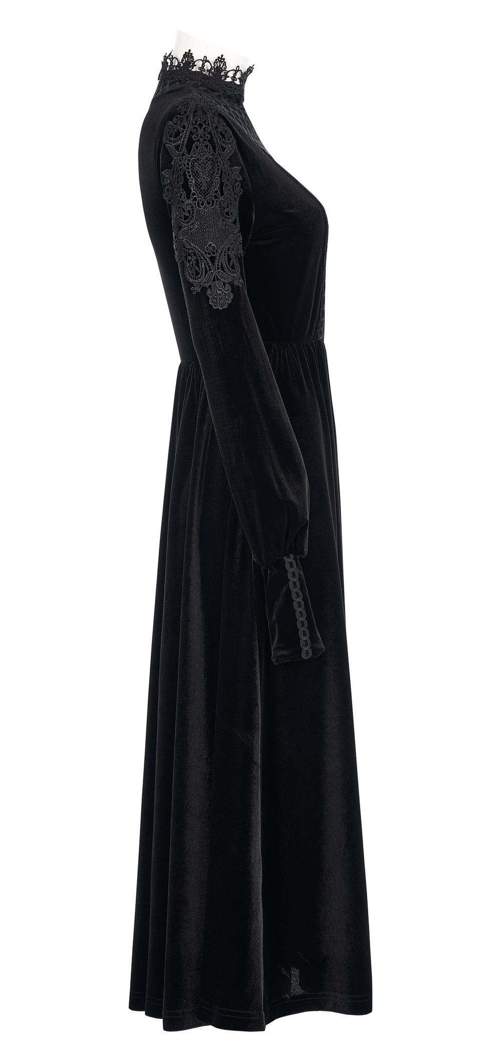 Elegant black velvet gothic dress featuring a lace collar and embellished sleeves, perfect for a sophisticated look.