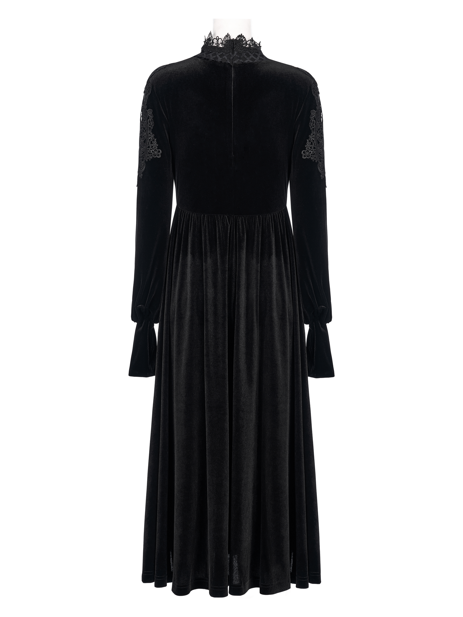 Elegant lace-collar velvet gothic dress with long sleeves and intricate back design, showcasing luxurious dark fabric.