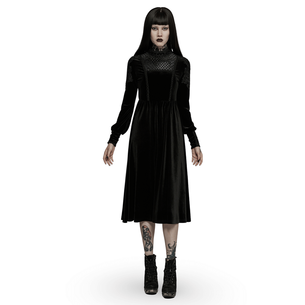 Elegant Lace-Collar Velvet Gothic Dress With Zipper in the Back - HARD'N'HEAVY
